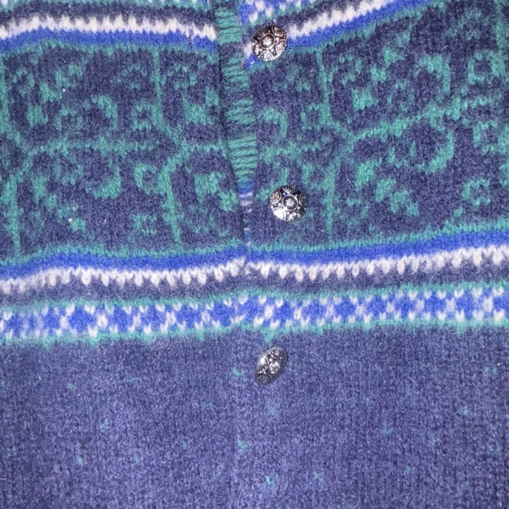 L.L. Bean Navy and Teal Patterned Button Cardigan - Picture 3 of 10